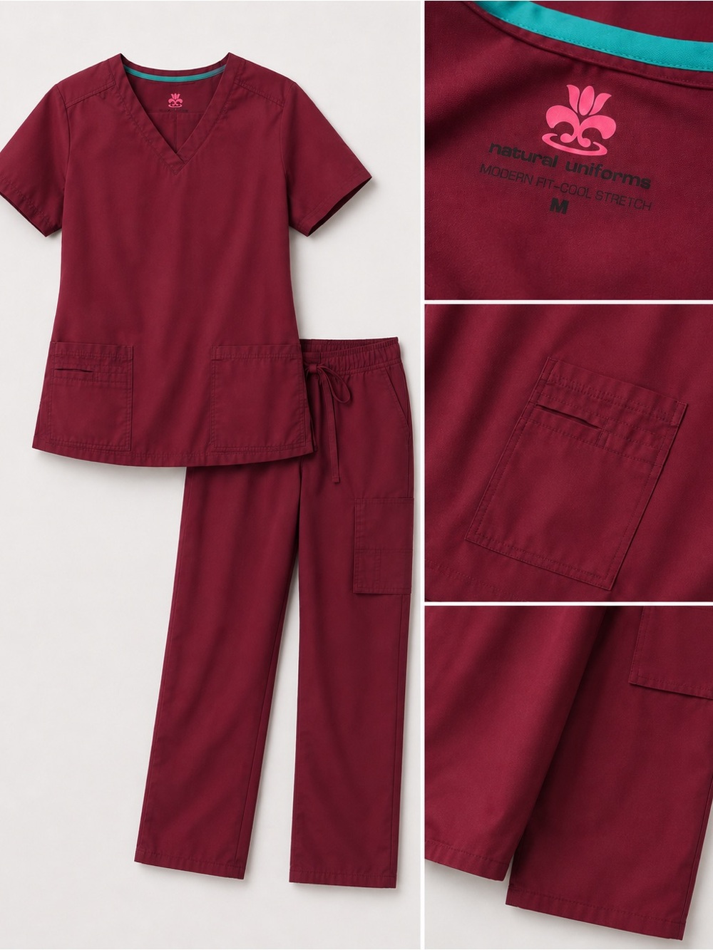 Burgundy Scrub Set - V-Neck Top & Drawstring Pants